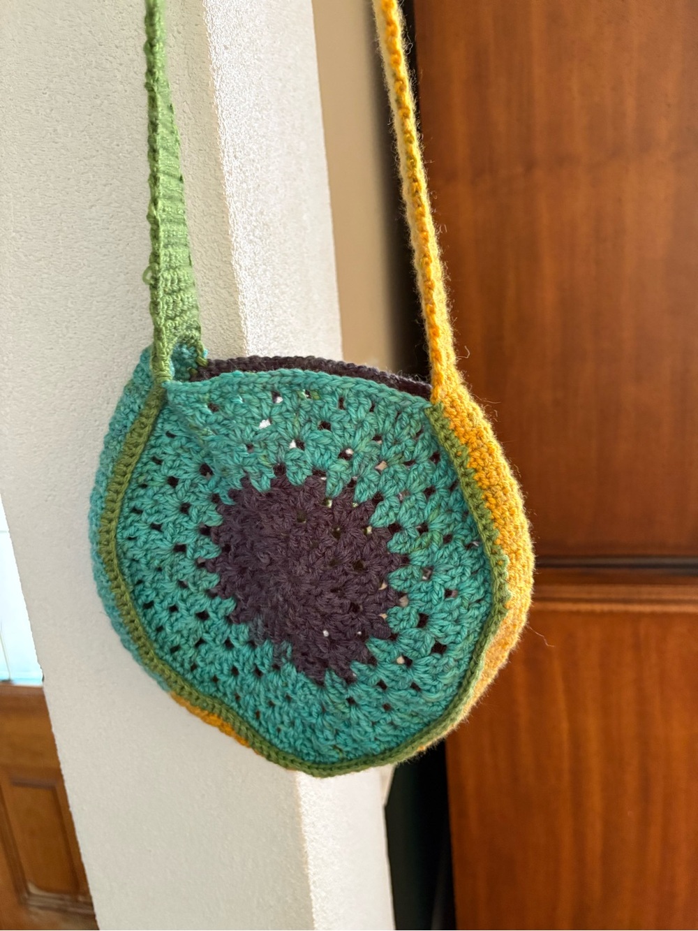 Hand Crafted Crochet Round Crossbody Bag in Teal, Brown & Golden Yellow